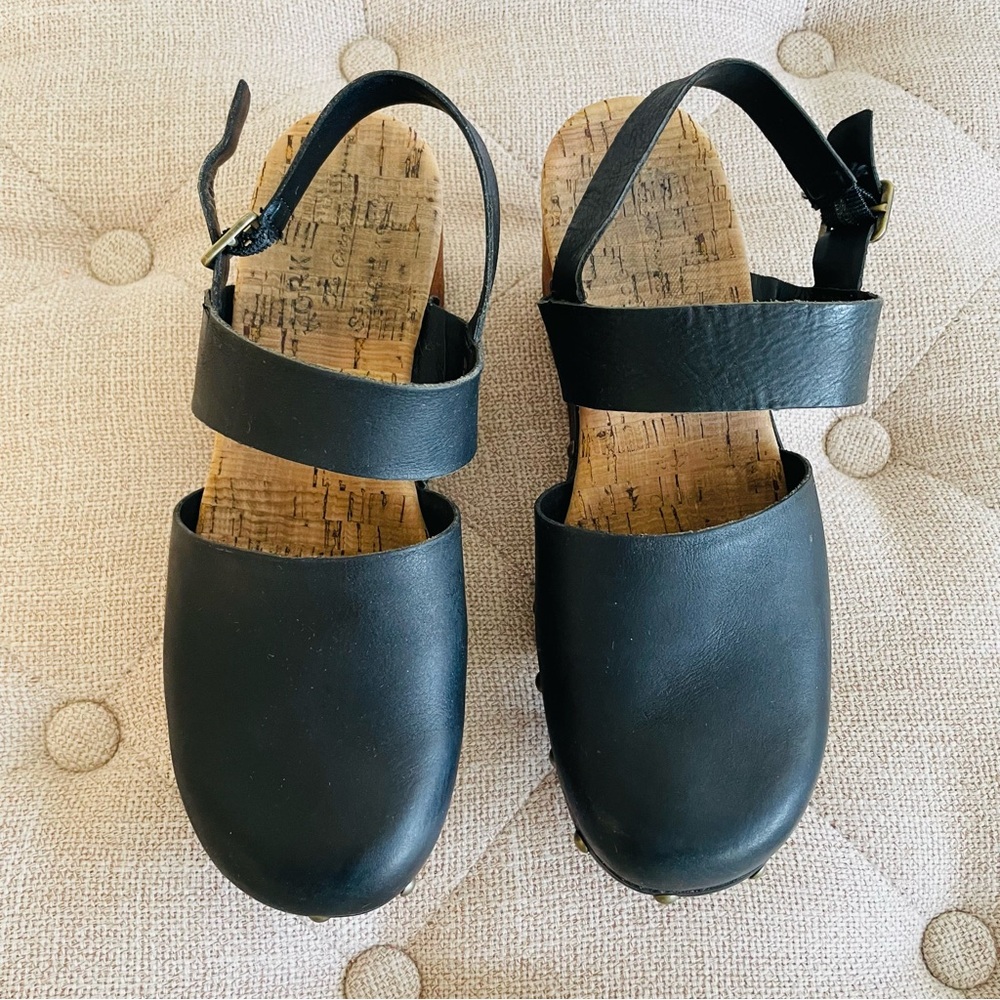 Kork-Ease Black Leather Platform Clogs with Brass Studs - Picture 12 of 13